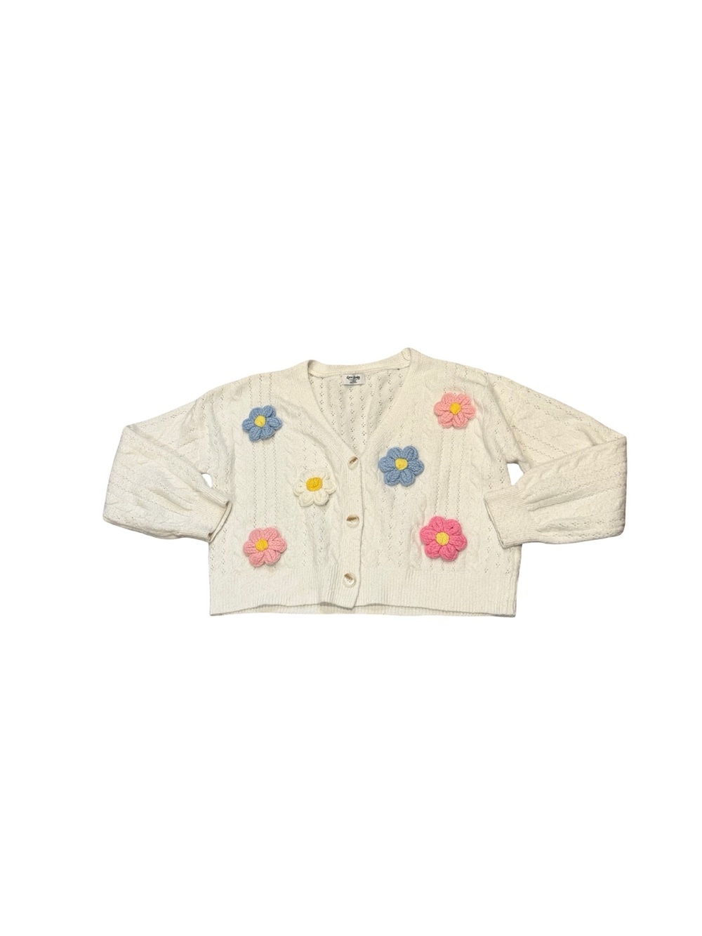 Cream V-Neck Floral Appliqué Cropped Cardigan